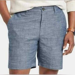 LINDEN-Goodfellow & Co Mens Mid Rise Flat Front Chambray Shorts Blue Sz 50 Waist